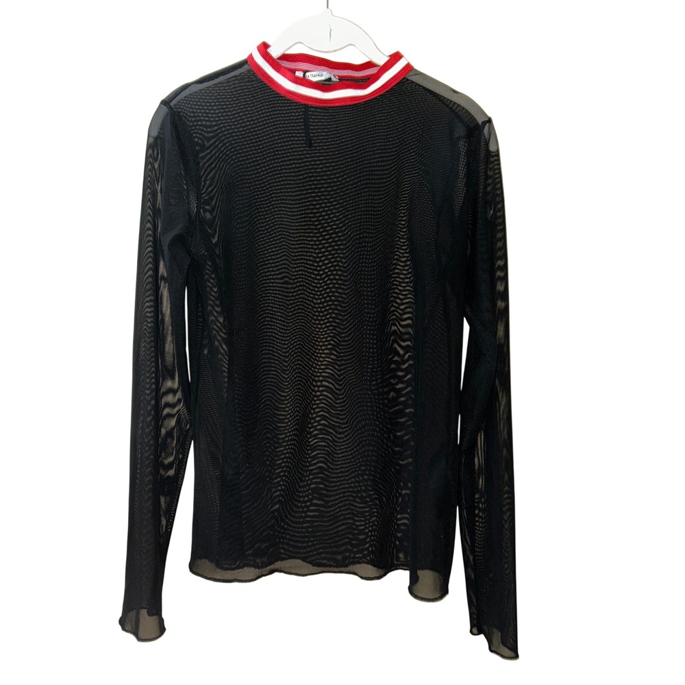 Zara Trafaluc Black Sheer Mesh Long Sleeve Top Red Striped Mock Neck Small